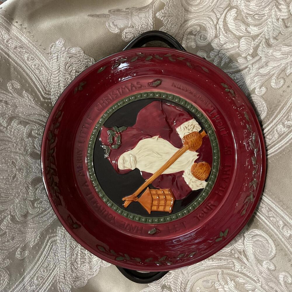 Amscan Santa with Lantern Embossed Burgundy Black Round Handled Baking Dish